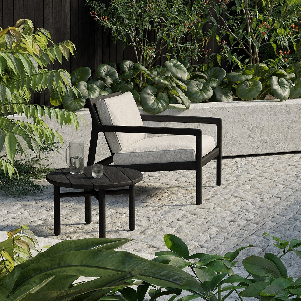 Jack Solid Black Teak Outdoor Lounge Chair, Off White Fabric