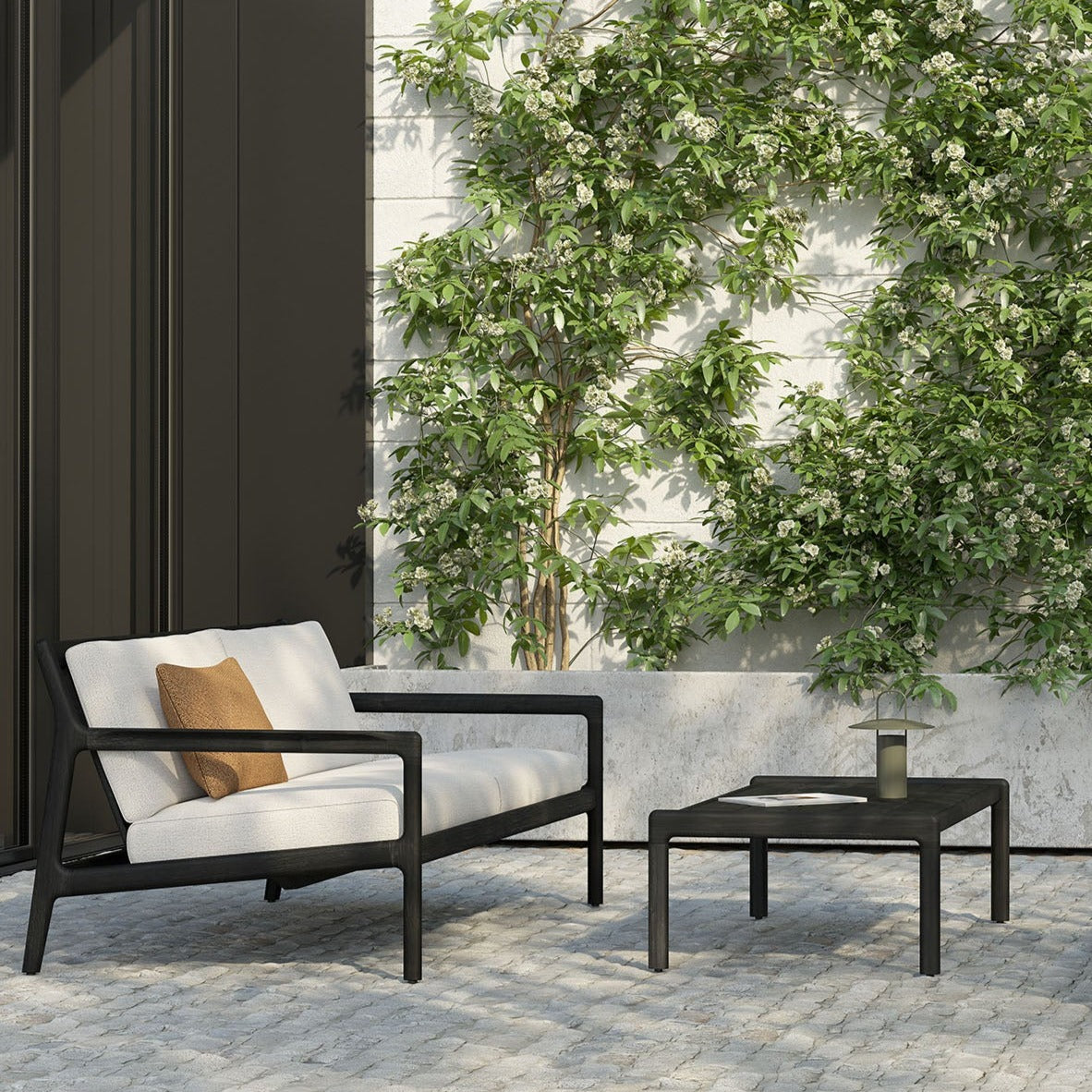 Jack Solid Black Teak Outdoor Seater Sofa, Off White Fabric – Be