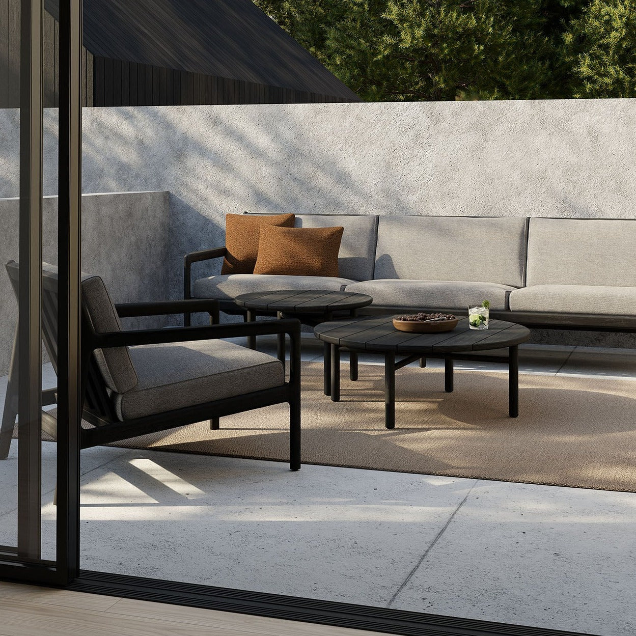 Jack Solid Black Teak Outdoor 3 Seater Sofa, Mocha Fabric