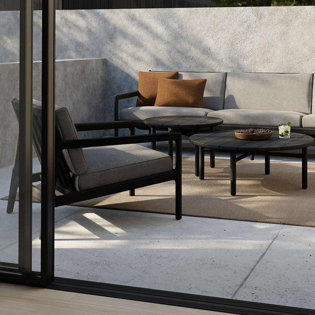 Jack Solid Black Teak Outdoor Lounge Chair, Mocha Fabric