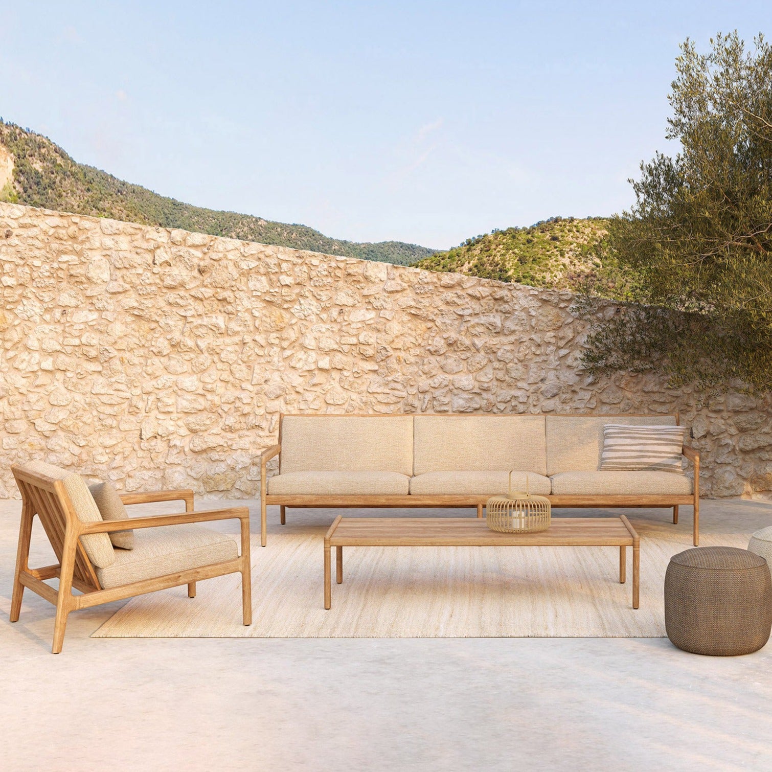 Jack Solid Teak Outdoor 3 Seater Sofa, Natural Fabric