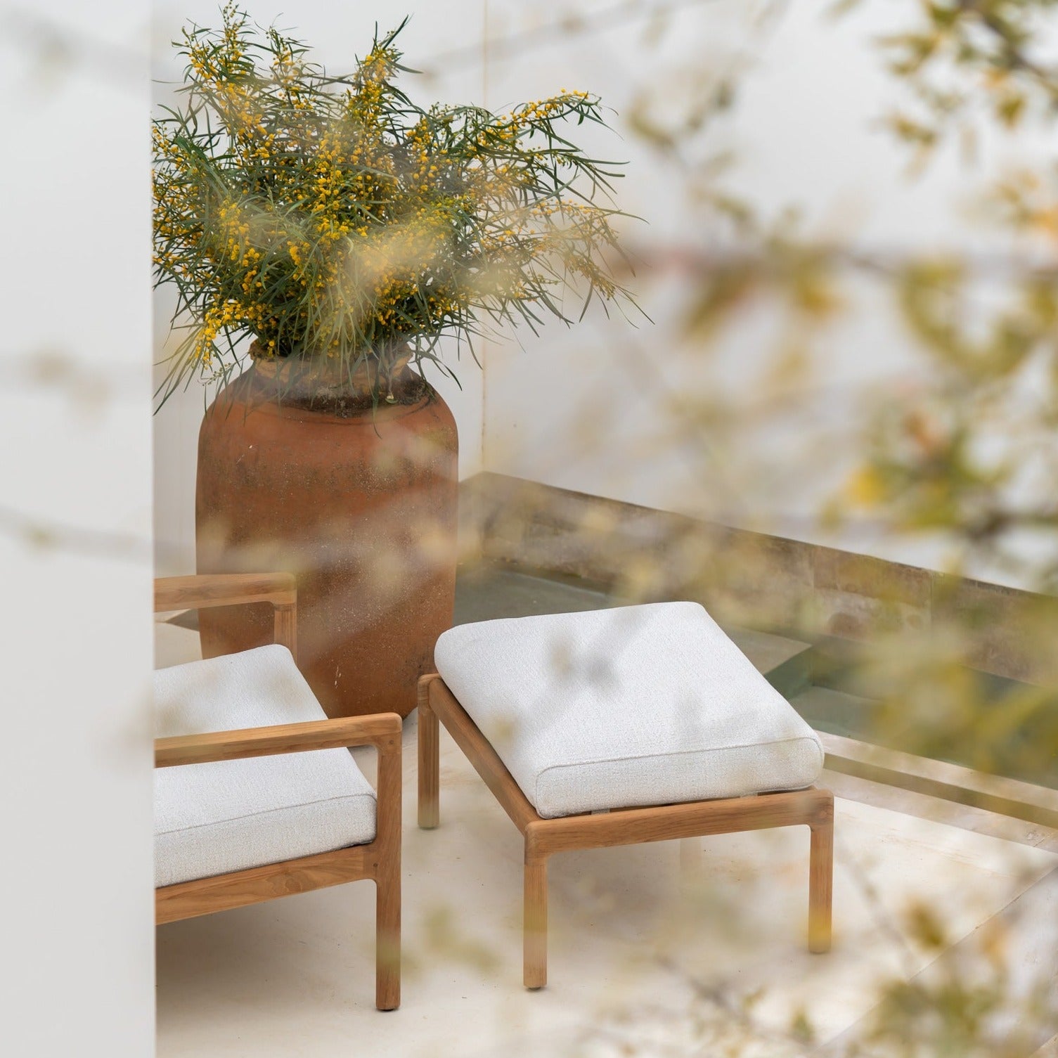 Jack Solid Teak Outdoor Footstool, Off White