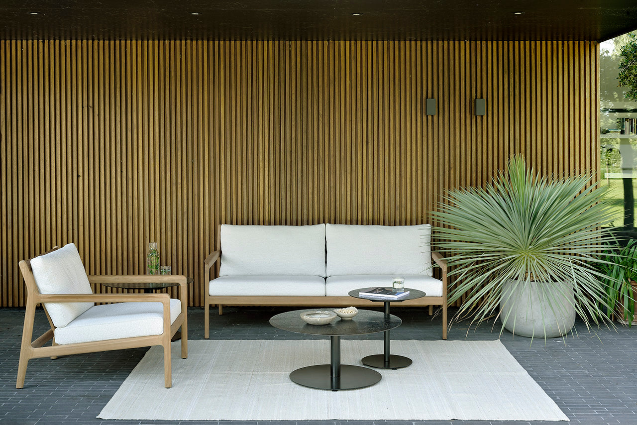 Jack Solid Teak Outdoor 2 Seater Sofa, Off White Fabric