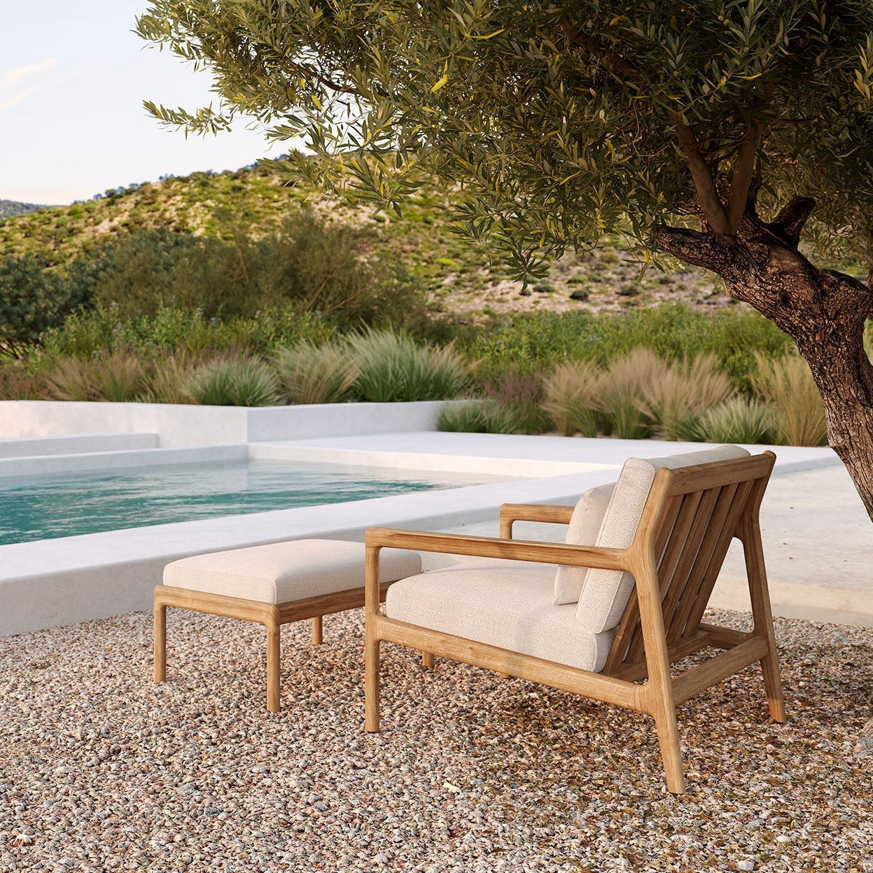 Jack Solid Teak Outdoor Lounge Chair, Off White Fabric