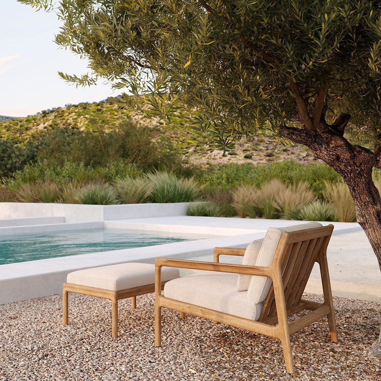 Jack Solid Teak Outdoor Footstool, Off White