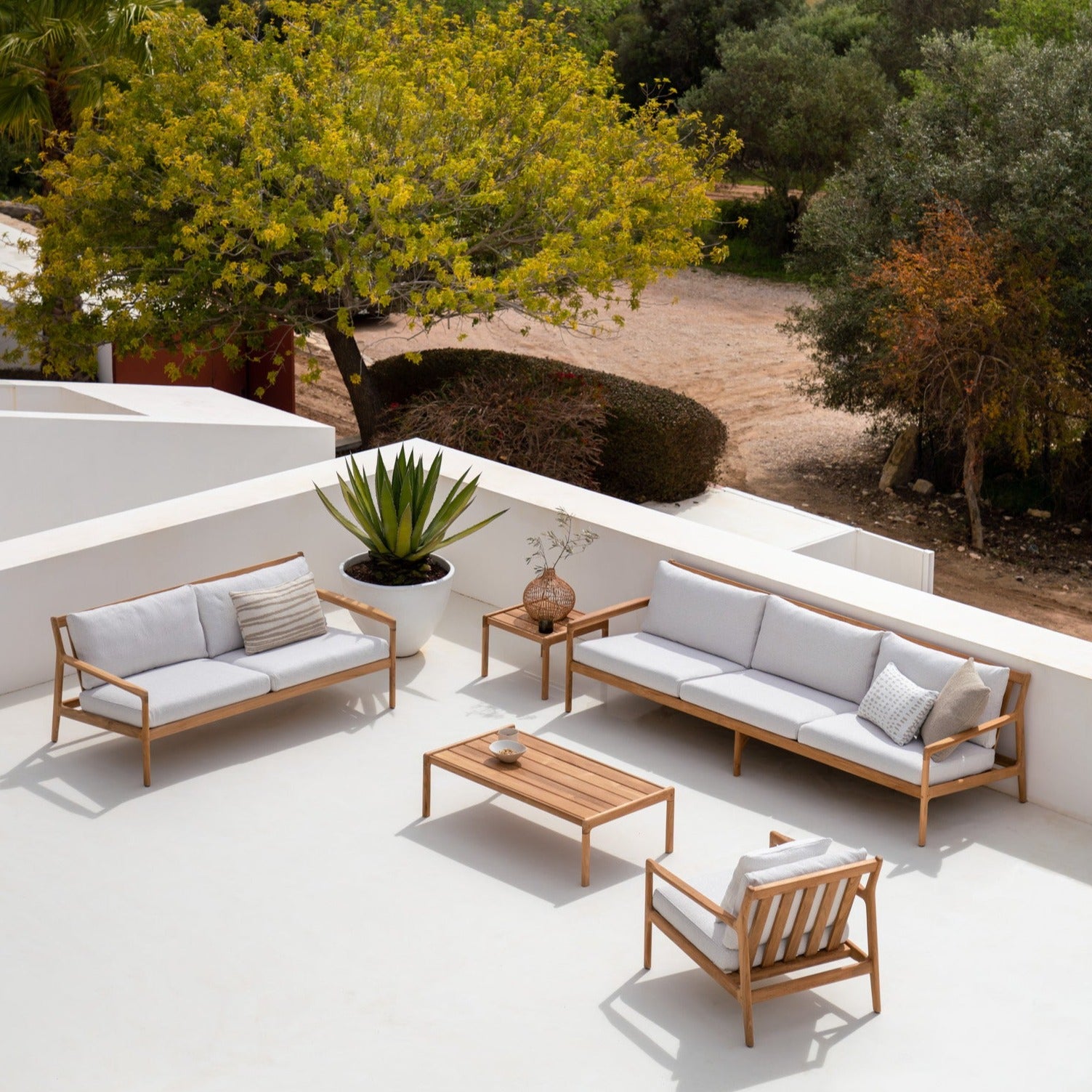 Jack Solid Teak Outdoor 2 Seater Sofa, Off White Fabric