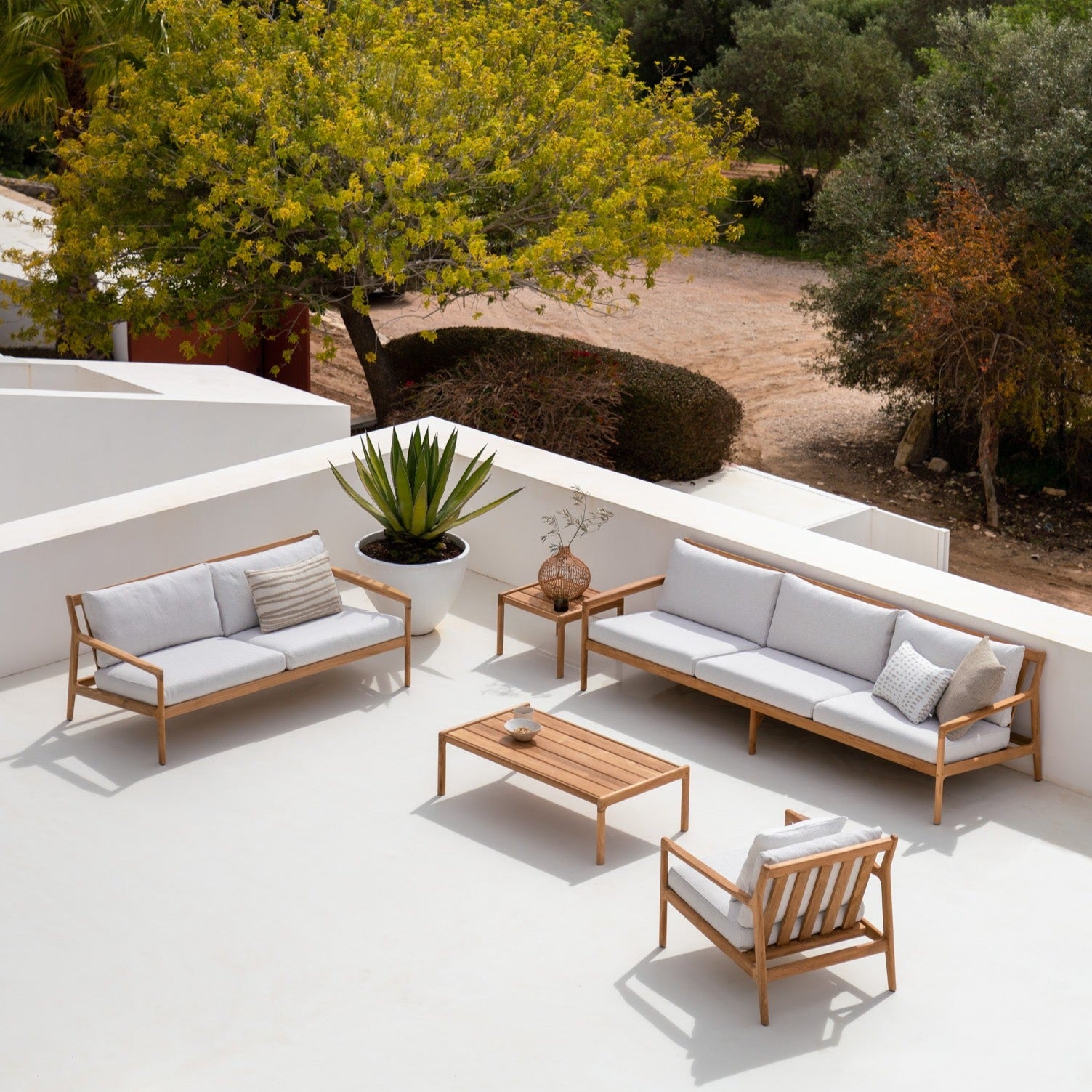 Jack Solid Teak Outdoor 3 Seater Sofa, Off White Fabric