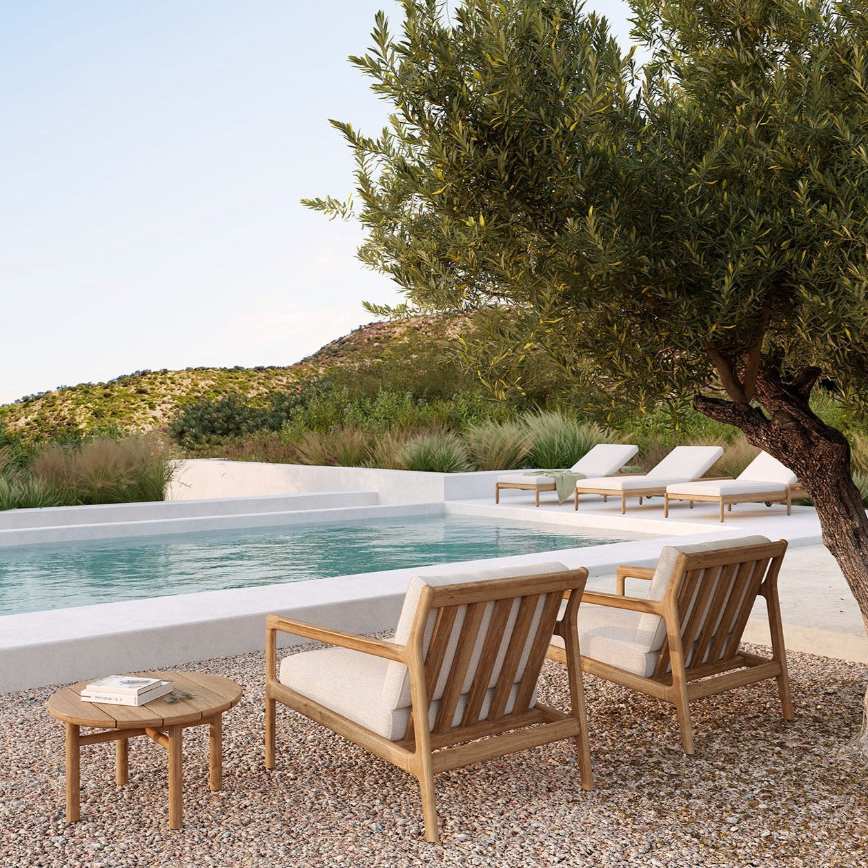 Jack Solid Teak Outdoor Lounge Chair, Off White Fabric