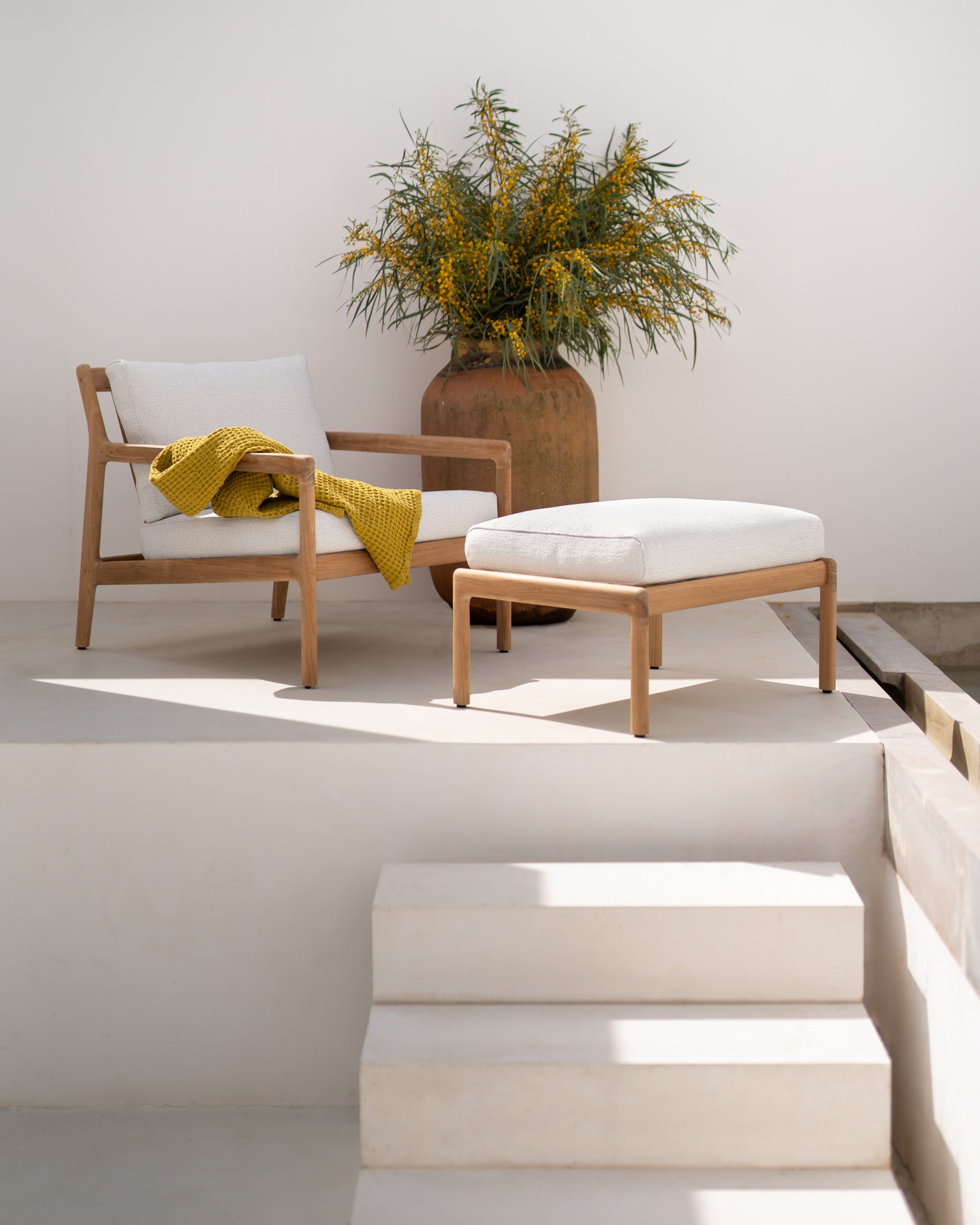 Jack Solid Teak Outdoor Footstool, Off White