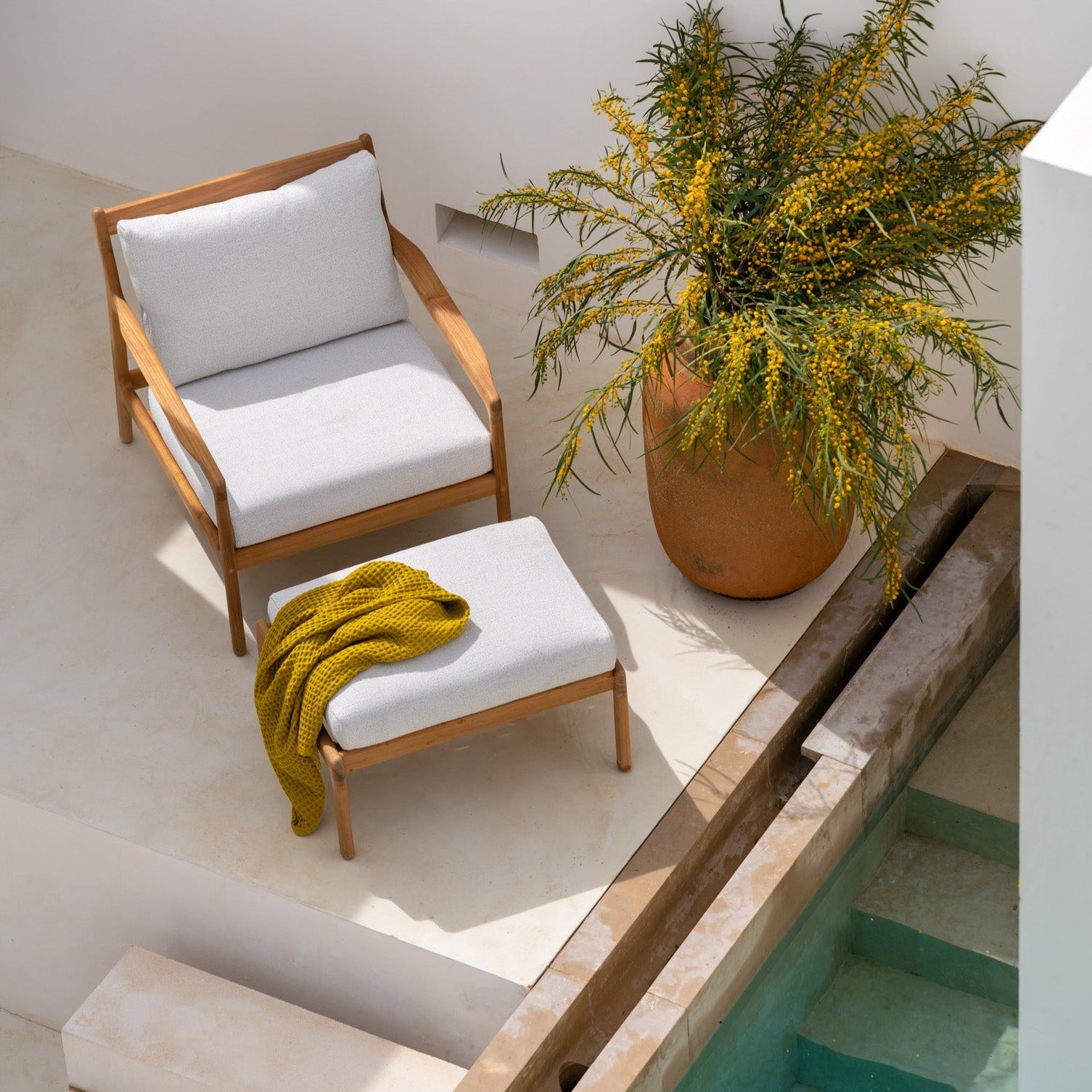 Jack Solid Teak Outdoor Footstool, Off White