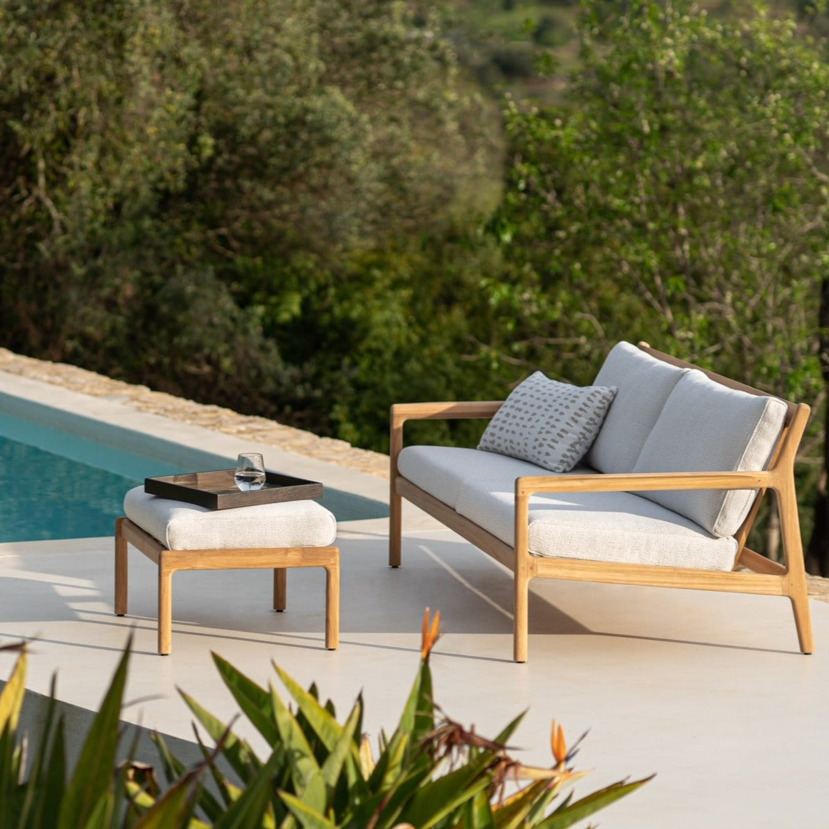 Jack Solid Teak Outdoor 2 Seater Sofa, Off White Fabric