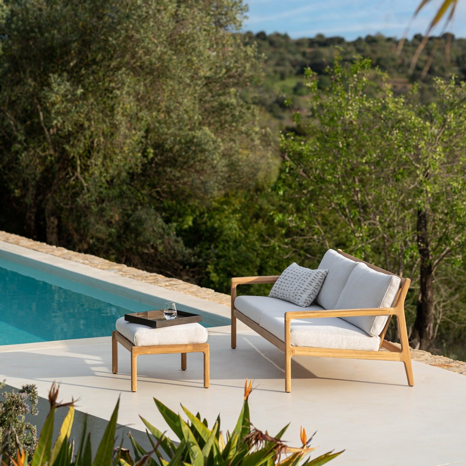 Jack Solid Teak Outdoor Footstool, Off White