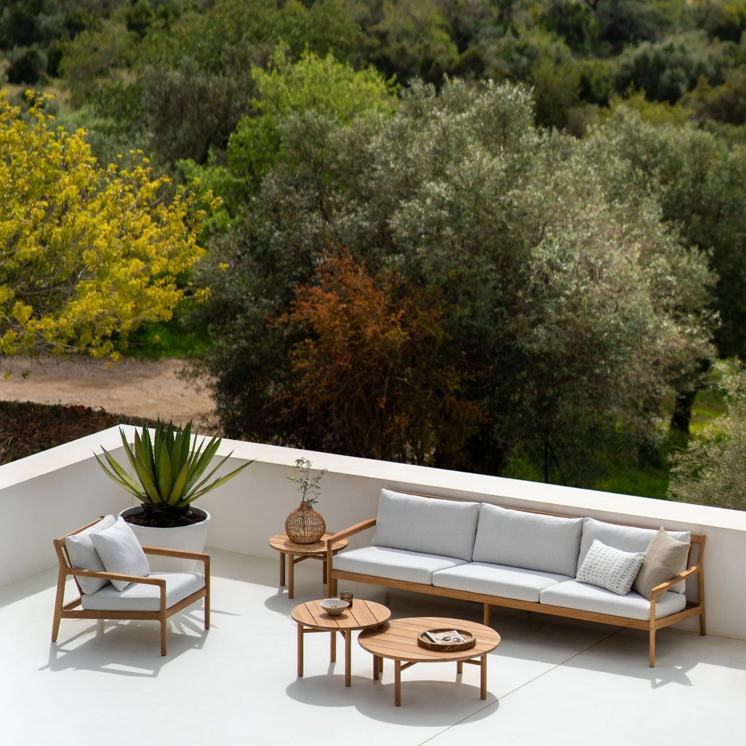 Jack Solid Teak Outdoor 3 Seater Sofa, Off White Fabric