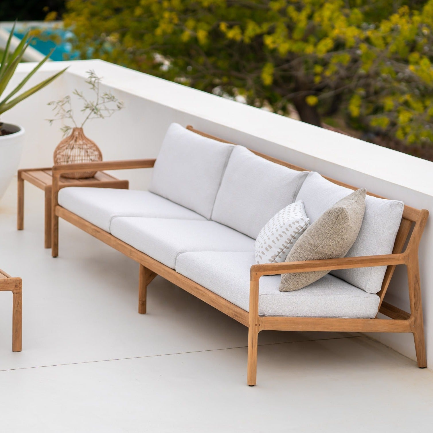 Jack Solid Teak Outdoor 3 Seater Sofa, Off White Fabric