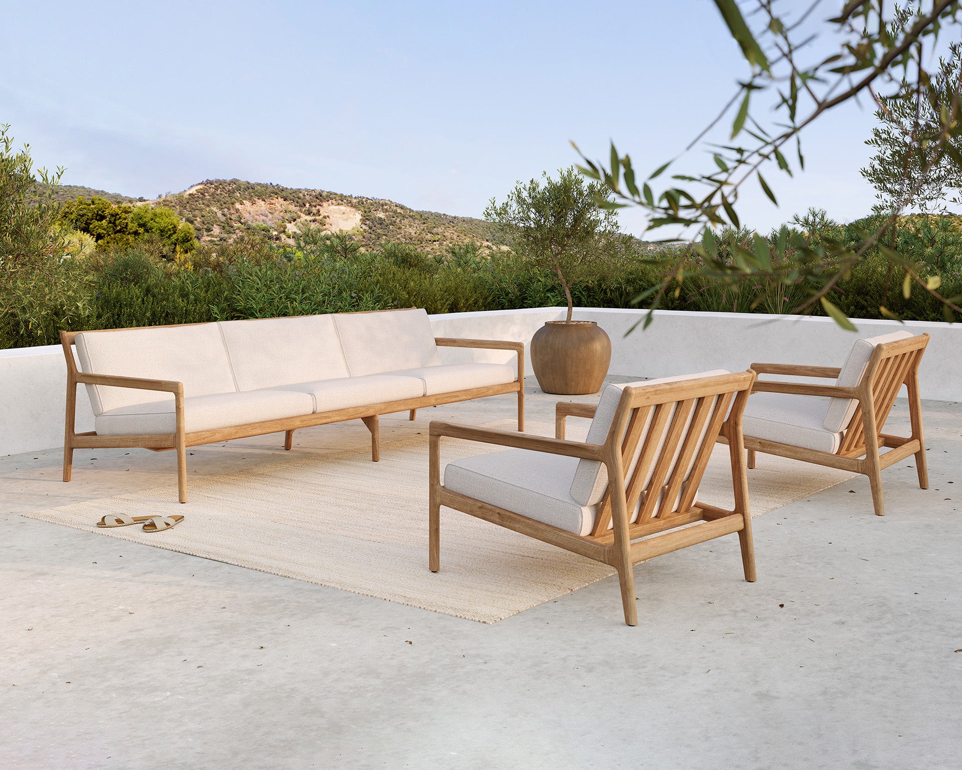 Jack Solid Teak Outdoor Lounge Chair, Off White Fabric