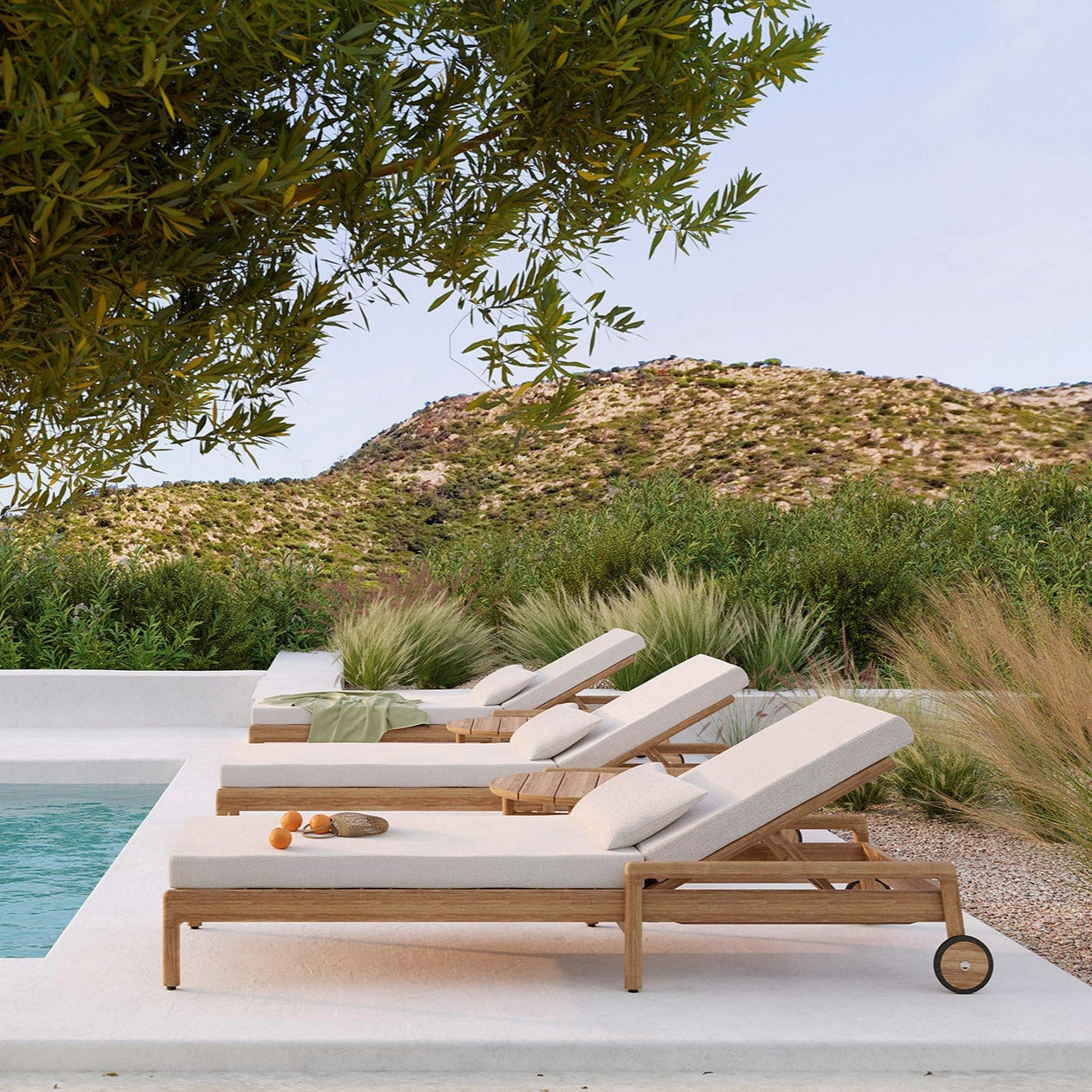 Jack Solid Teak Outdoor Adjustable Lounger, Off White Fabric