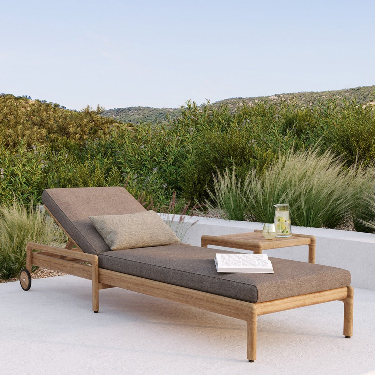 Jack Solid Teak Outdoor Adjustable Lounger, Mocha Fabric