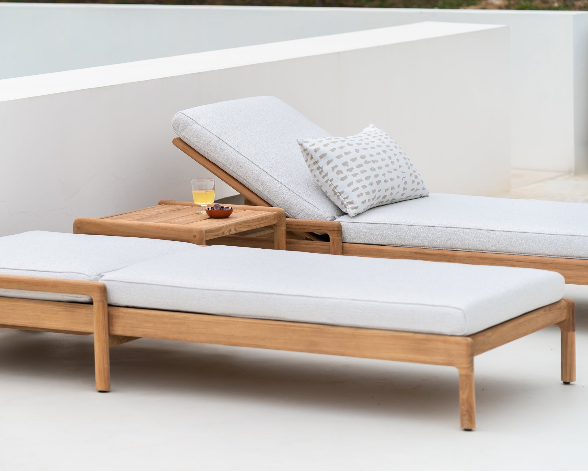 Jack Solid Teak Outdoor Adjustable Lounger, Off White Fabric