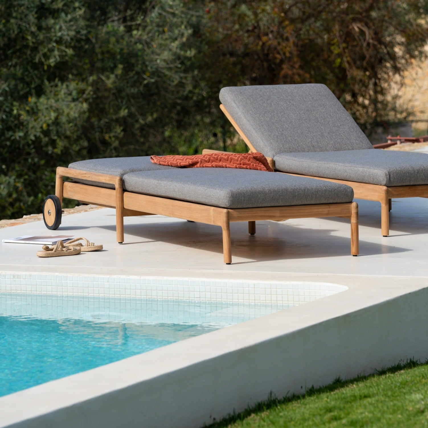 Jack Solid Teak Outdoor Adjustable Lounger, Mocha Fabric