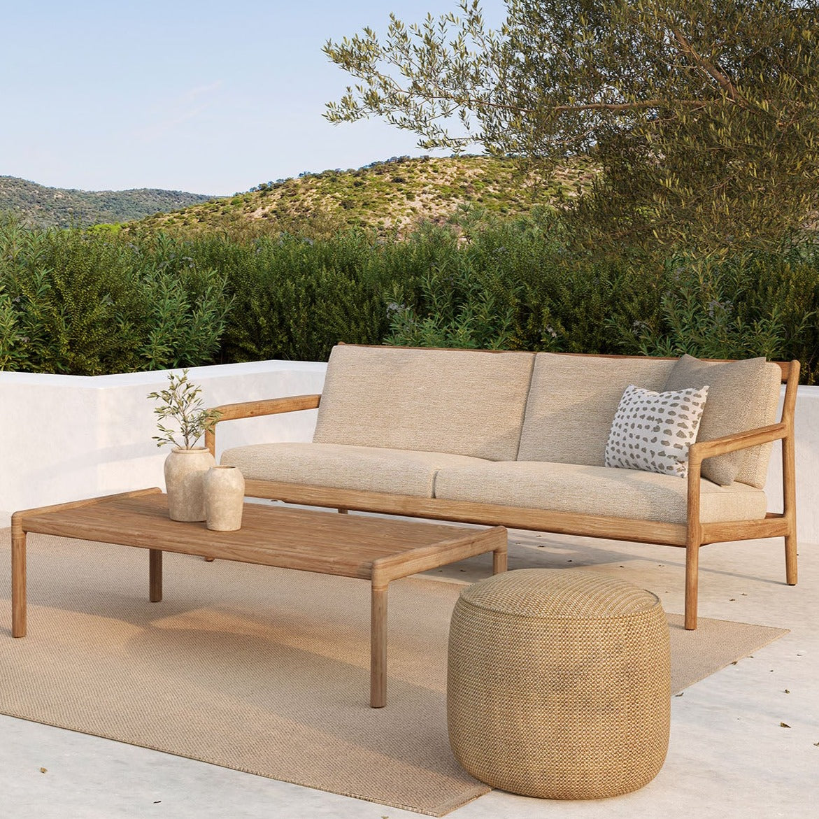 Jack Solid Teak Outdoor 2 Seater Sofa, Natural Fabric