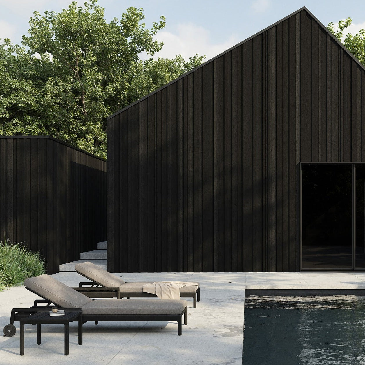 Jack Solid Black Teak Outdoor Adjustable Lounger, Mocha Fabric