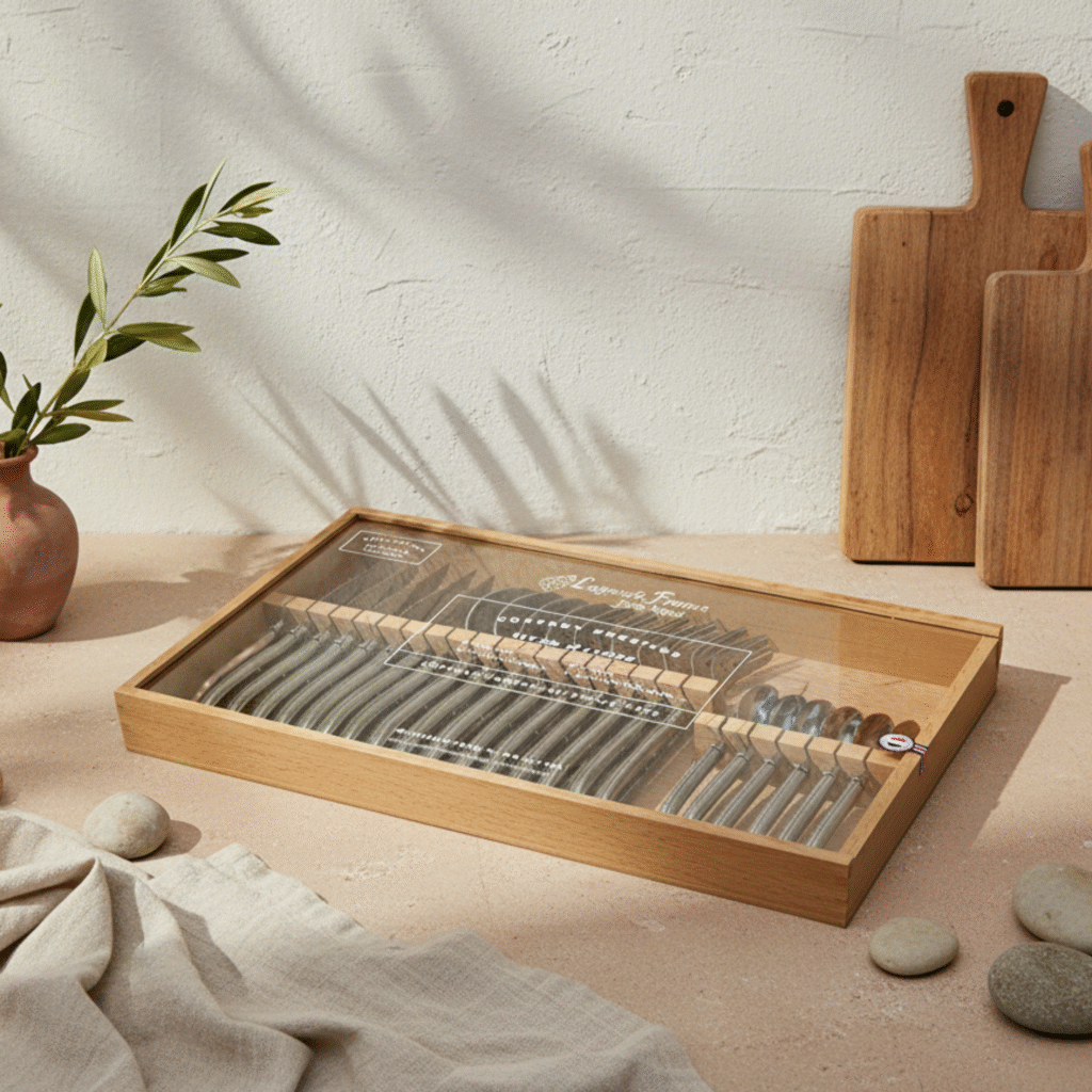 Laguiole 24 Piece Flatware Set, Platine Stainless Steel in Wood Box with Acrylic Lid