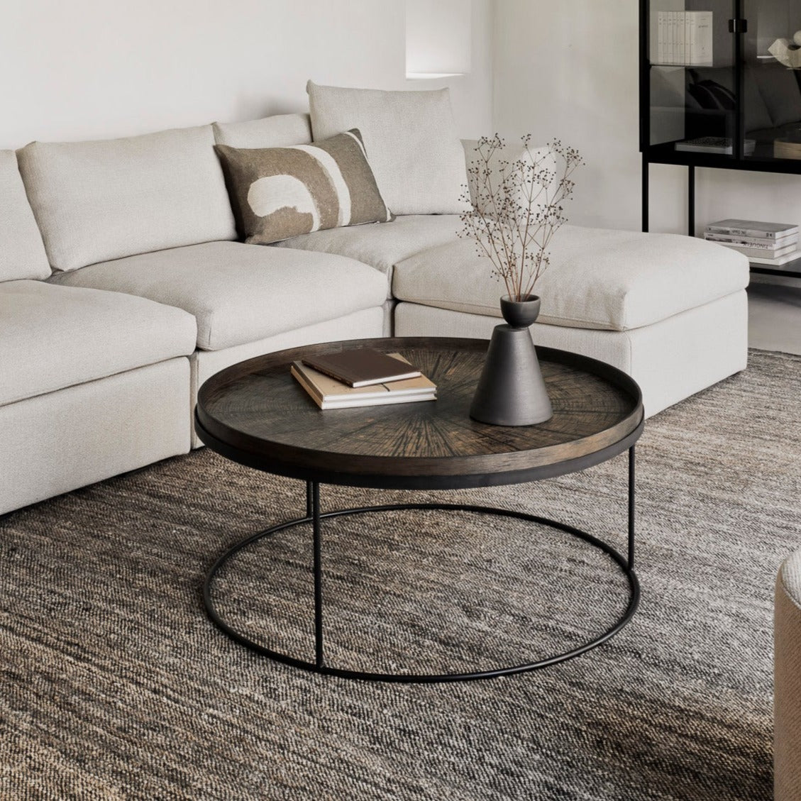 Round Black Slice Varnished Wood Tray, Extra Large