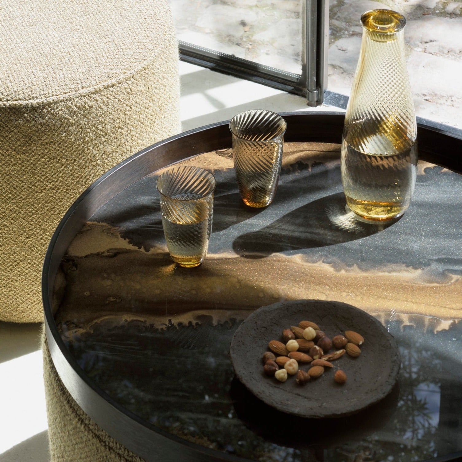 Round Large Glass Organic Tray, Bronze