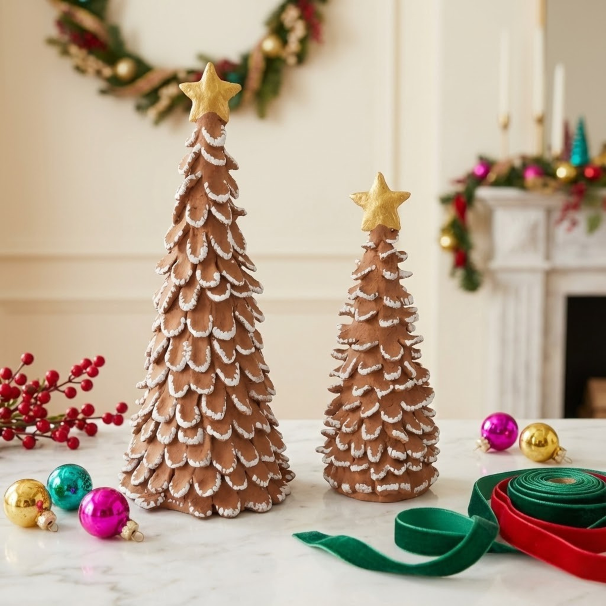 Paper Mache Gingerbread Trees with Star, Set of 2