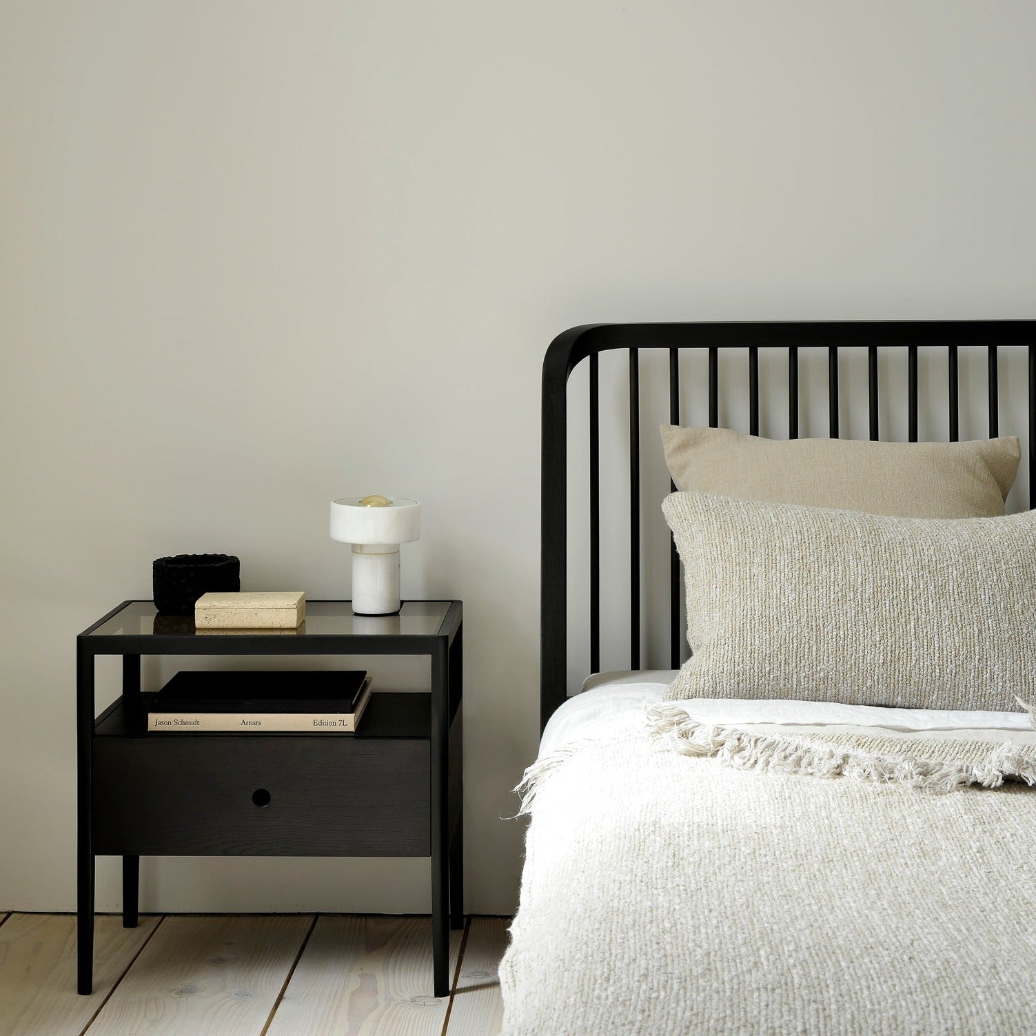Spindle Solid Black Oak Bedside Table