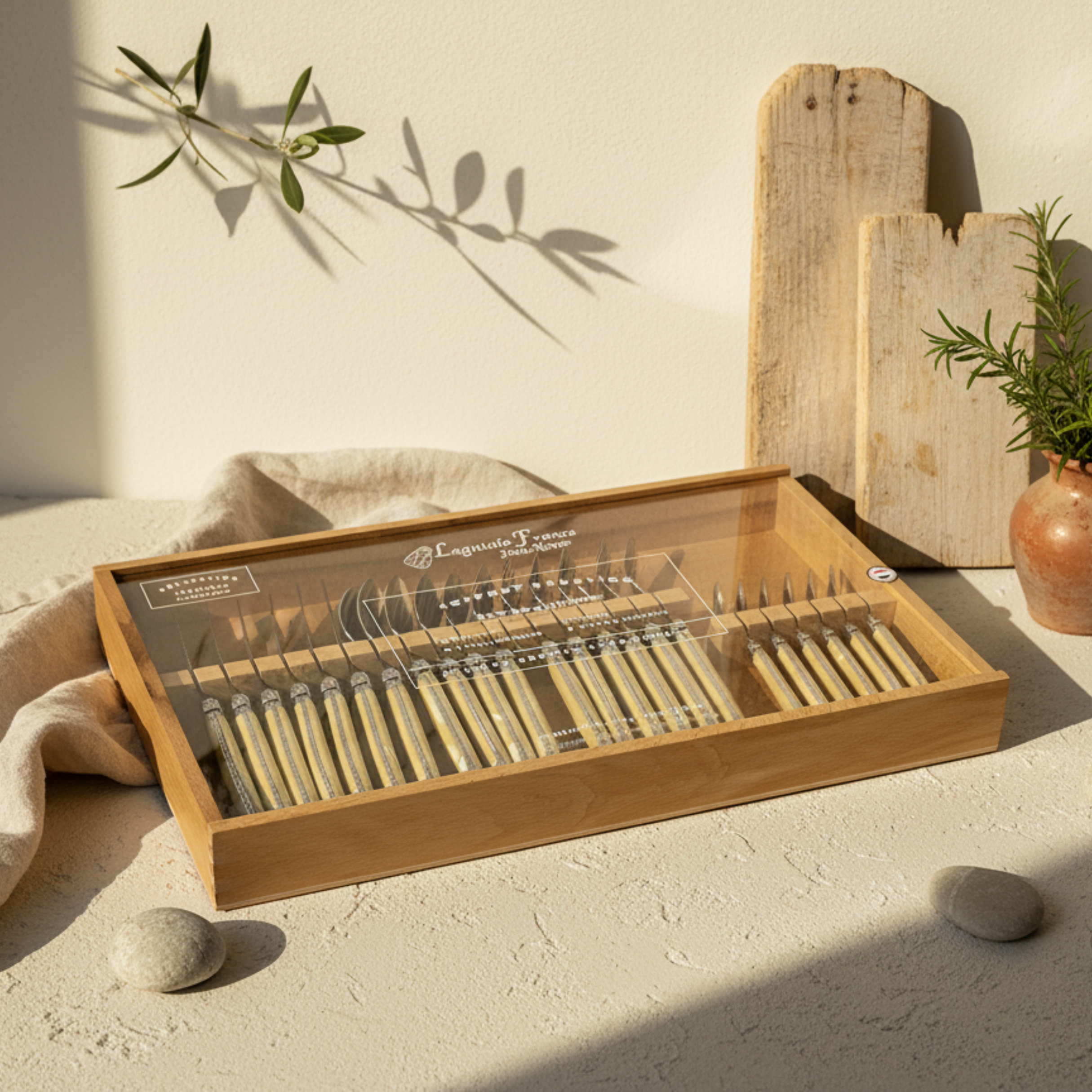 Laguiole 24 Piece Flatware Set, Platine Pale Horn in Wood Box with Acrylic Lid