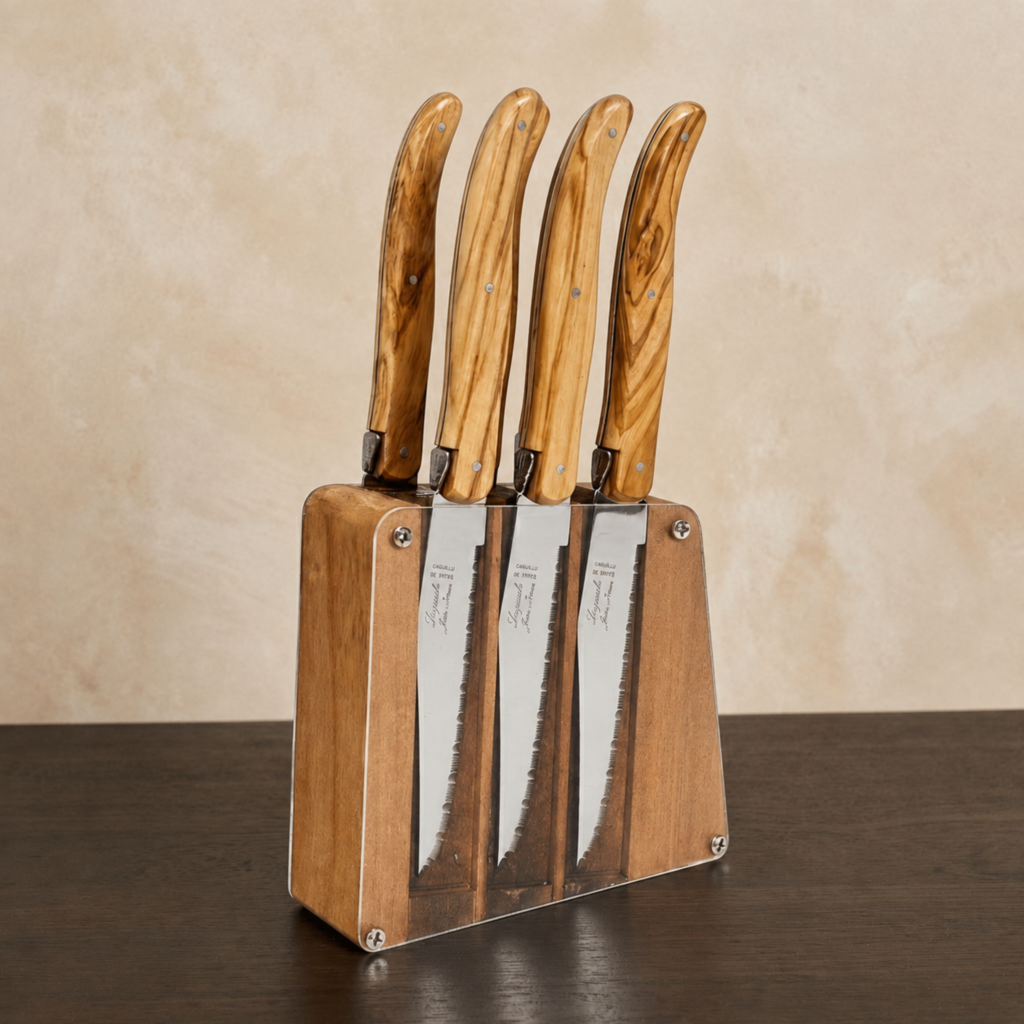 Laguiole 6 Piece Steak Knife Set, Olivewood in Acrylic Block