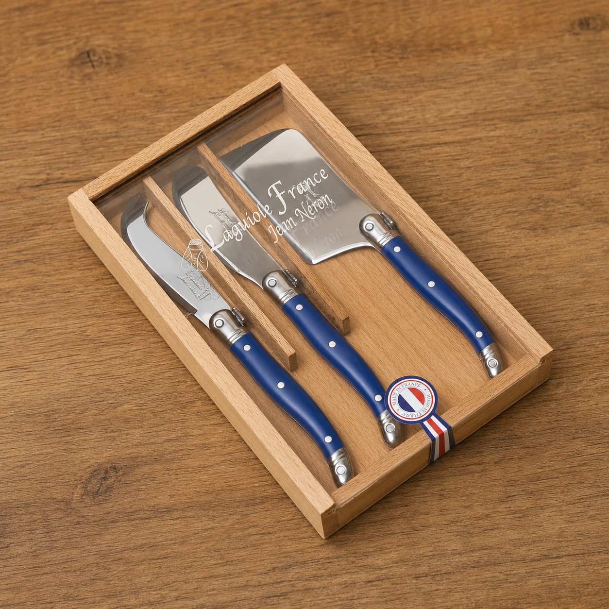 Laguiole 3 Piece Mini Cheese Utensil Set, French Blue in Wood Box with Acrylic Lid
