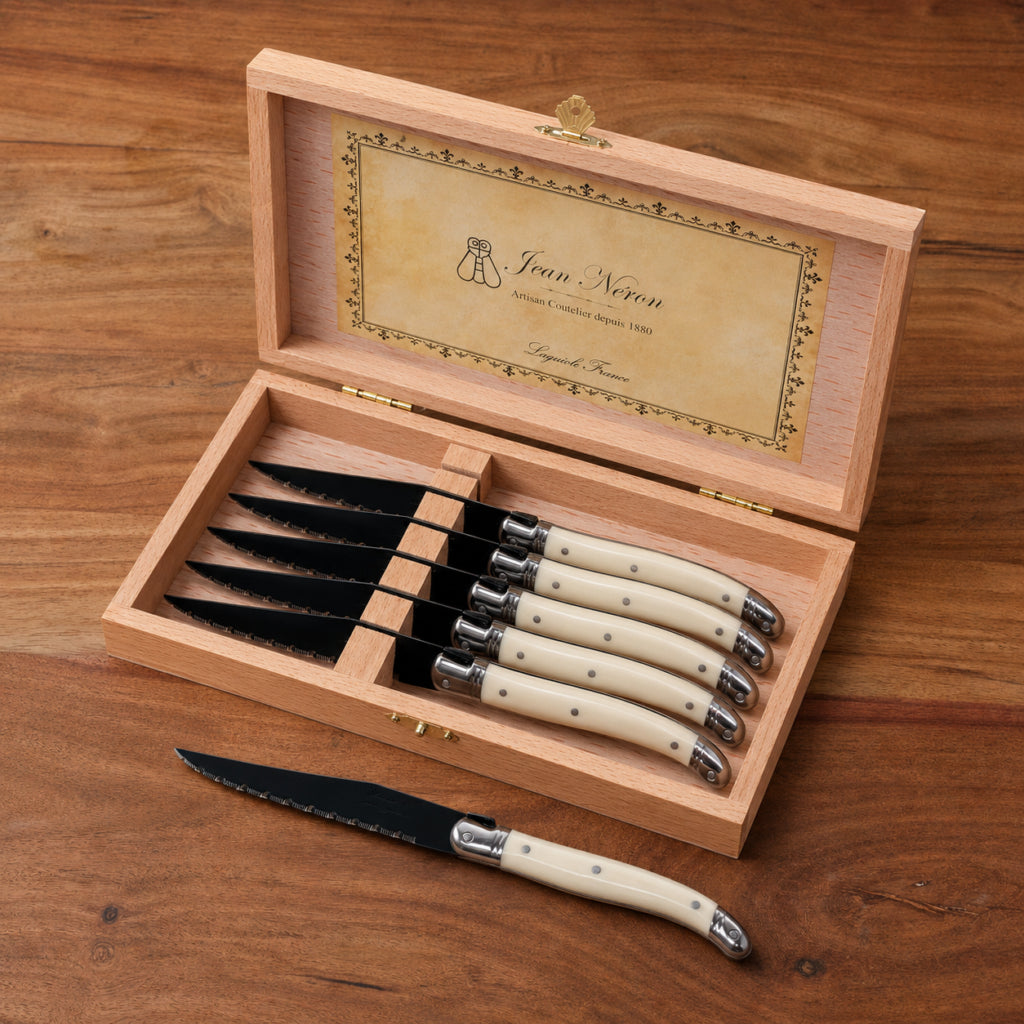 Laguiole 6 Piece Steak Knife Set, Black Blade & Ivory Handle in Wood Presentation Box