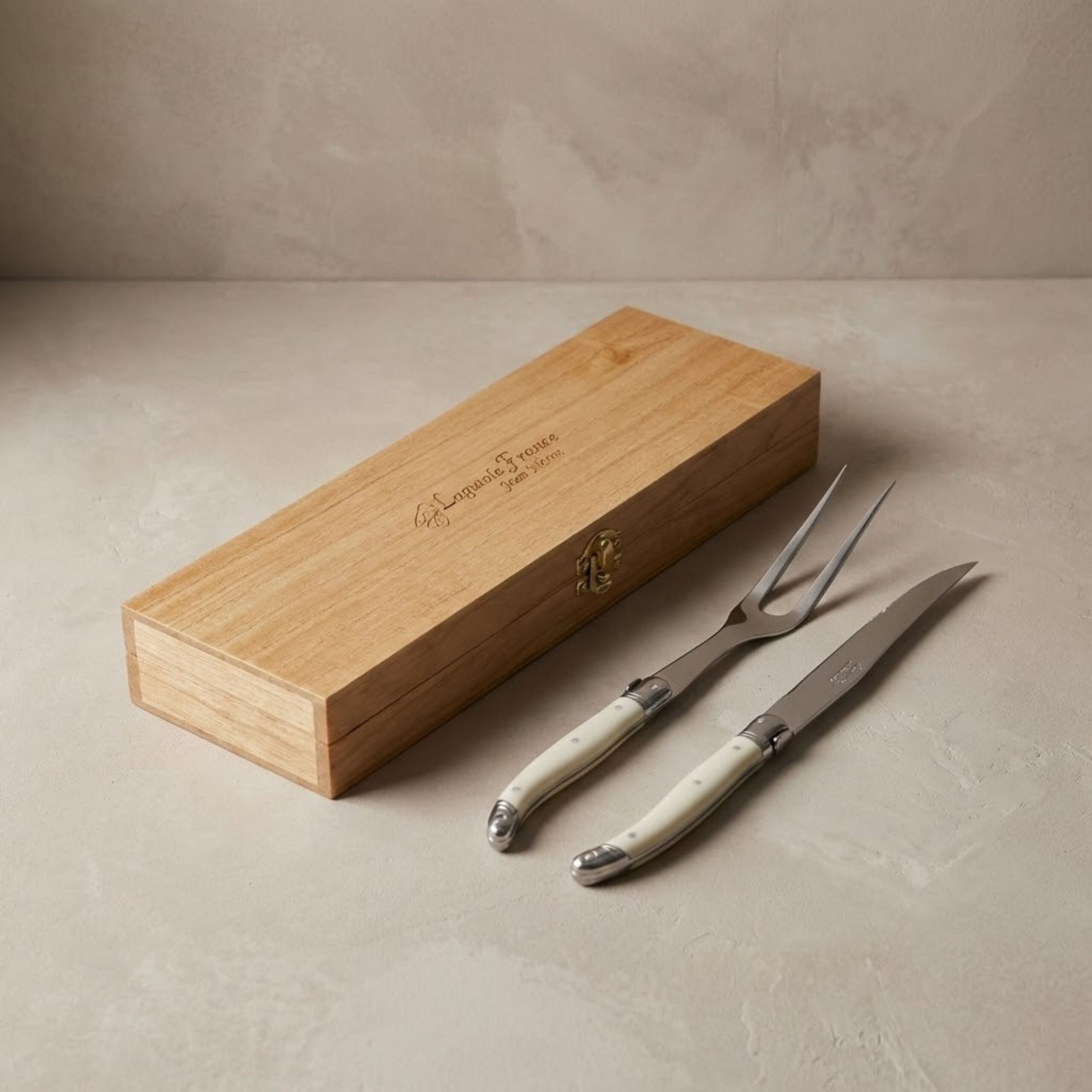 Laguiole Carving Set, Ivory, in wooden box