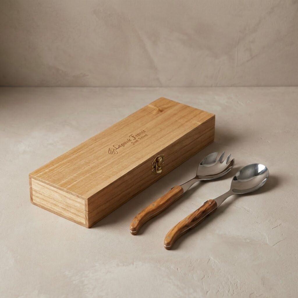 Laguiole Salad Serving Set Olivewood, in wooden box