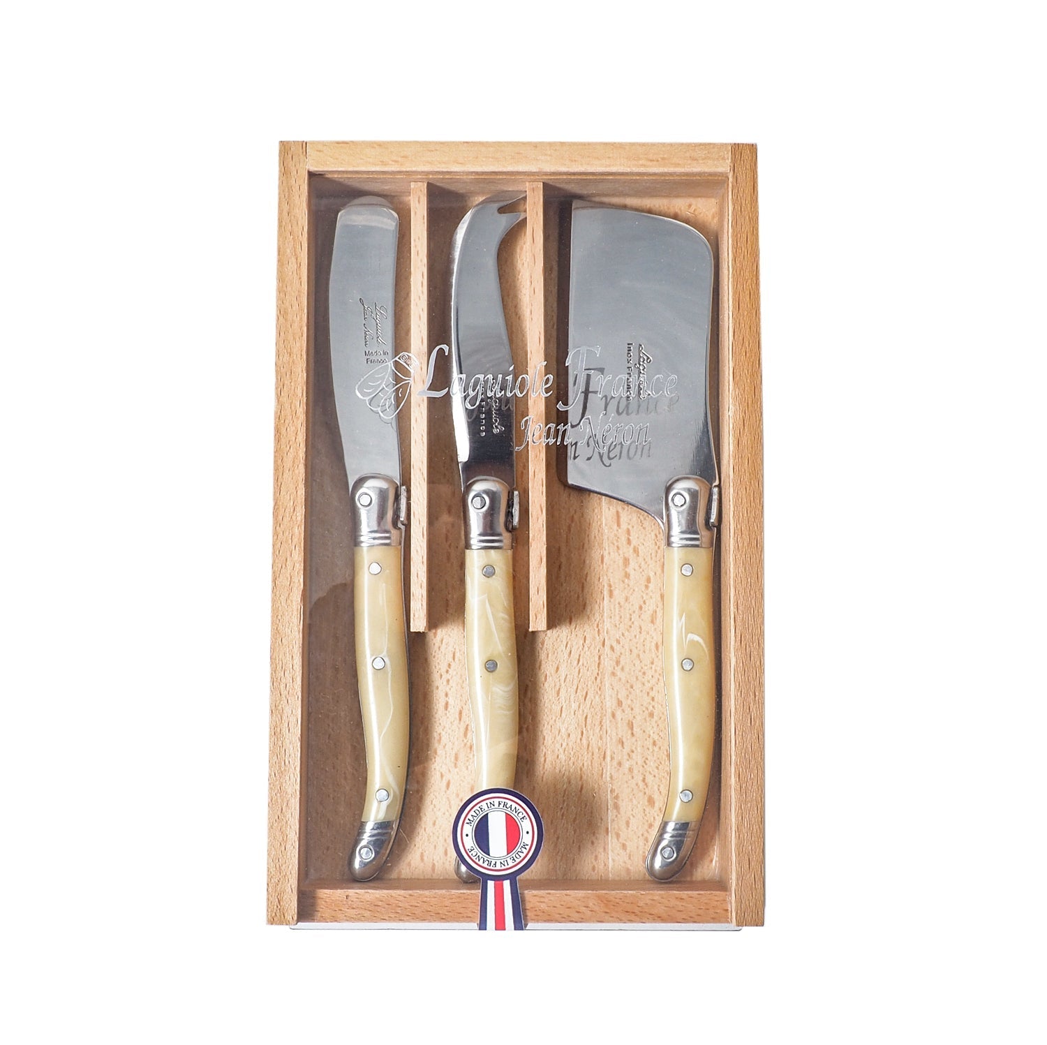 Laguiole 3 Piece Mini Cheese Utensil Set, Pale Horn in Wood Box with Acrylic Lid