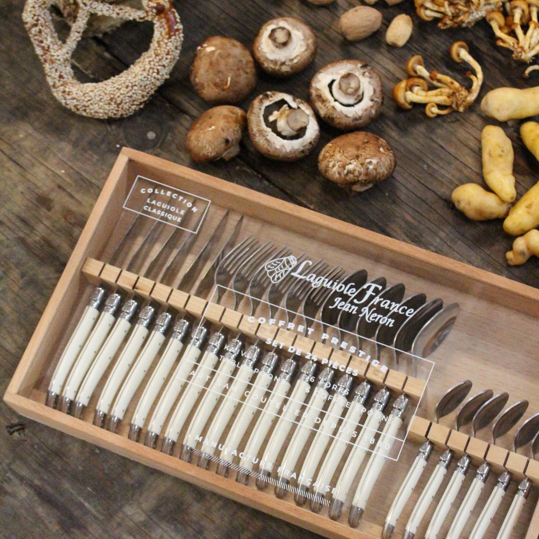 Laguiole 24 Piece Flatware Set, Ivory in Wood Box with Acrylic Lid