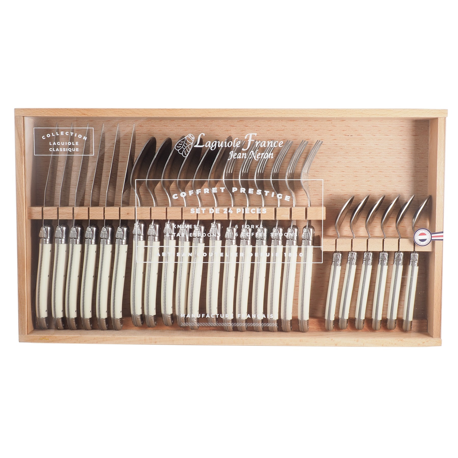 Laguiole 24 Piece Flatware Set, Ivory in Wood Box with Acrylic Lid
