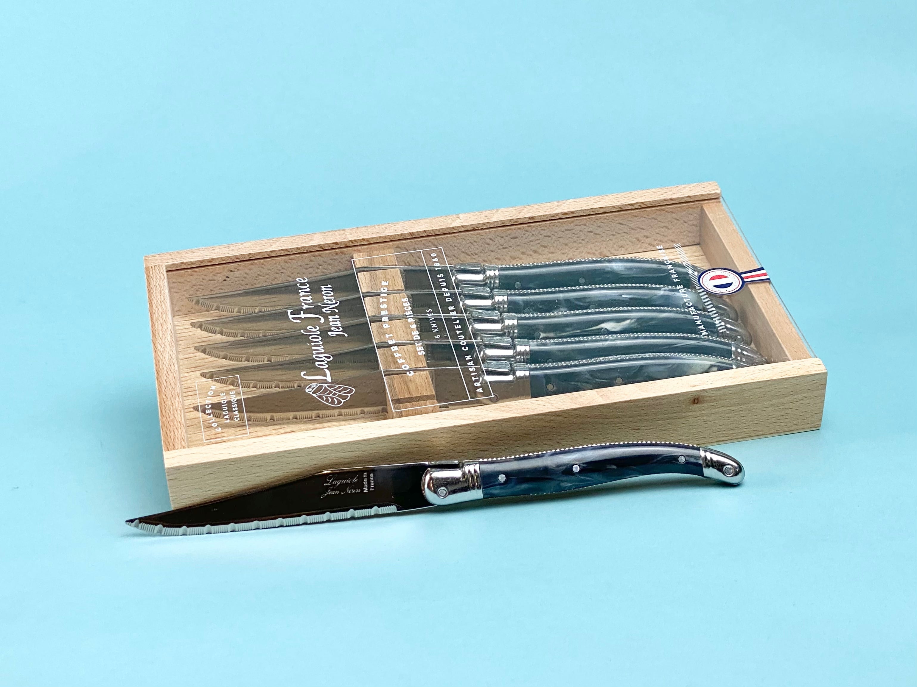 Laguiole 6 Piece Steak Knife Set, Black Marble in Wood Box with Acrylic Lid