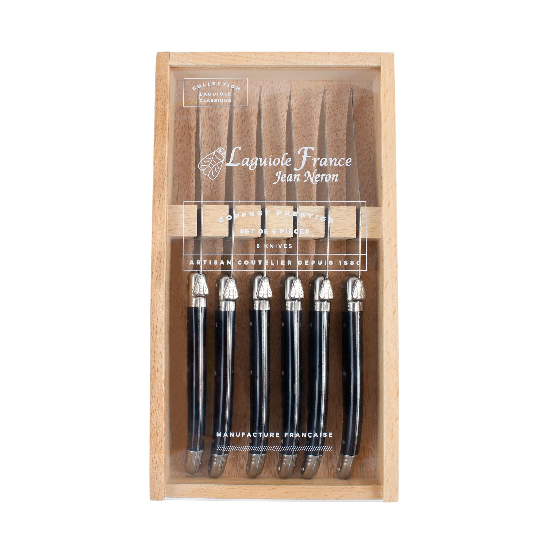 Laguiole 6 Piece Steak Knife Set, Black in Wood Box with Acrylic Lid