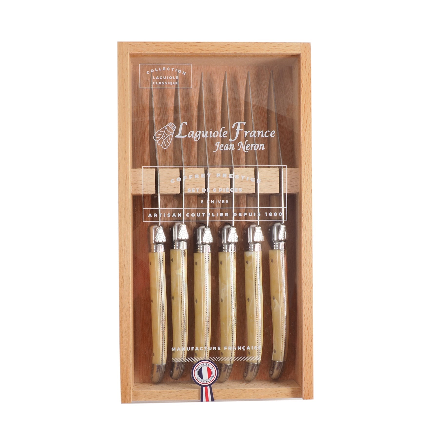 Laguiole 6 Piece Steak Knife Set, Platine Pale Horn in Wood Box with Acrylic Lid