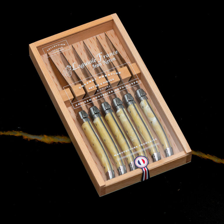Laguiole 6 Piece Steak Knife Set, Pale Horn in Wood Box with Acrylic Lid