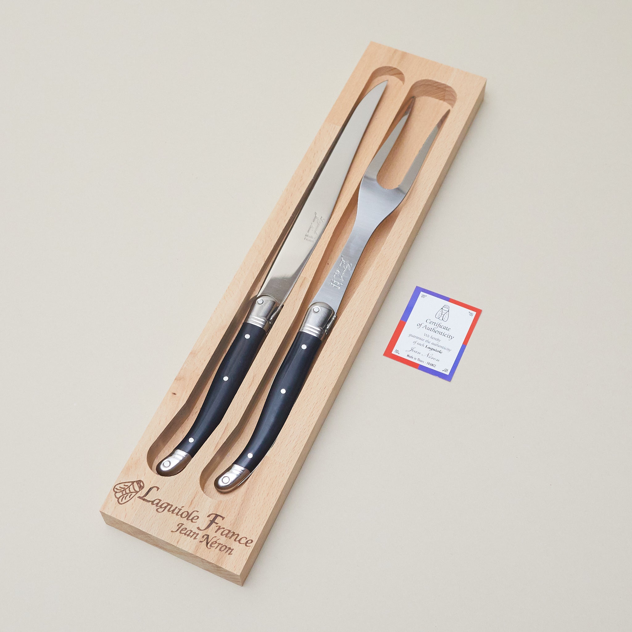 Laguiole Carving Set, Black in wooden box