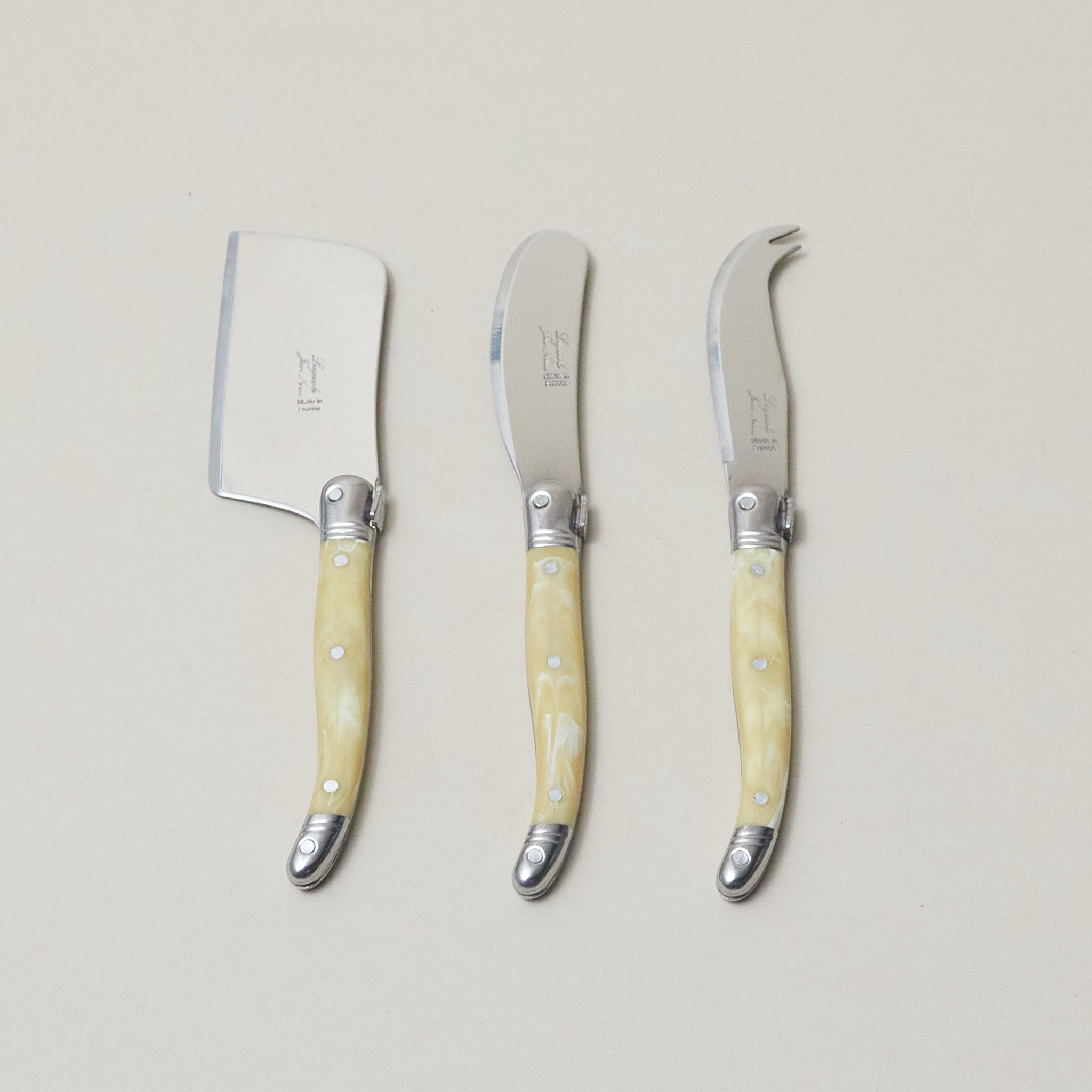 Laguiole 3 Piece Mini Cheese Utensil Set, Pale Horn in Kraft Paper Box