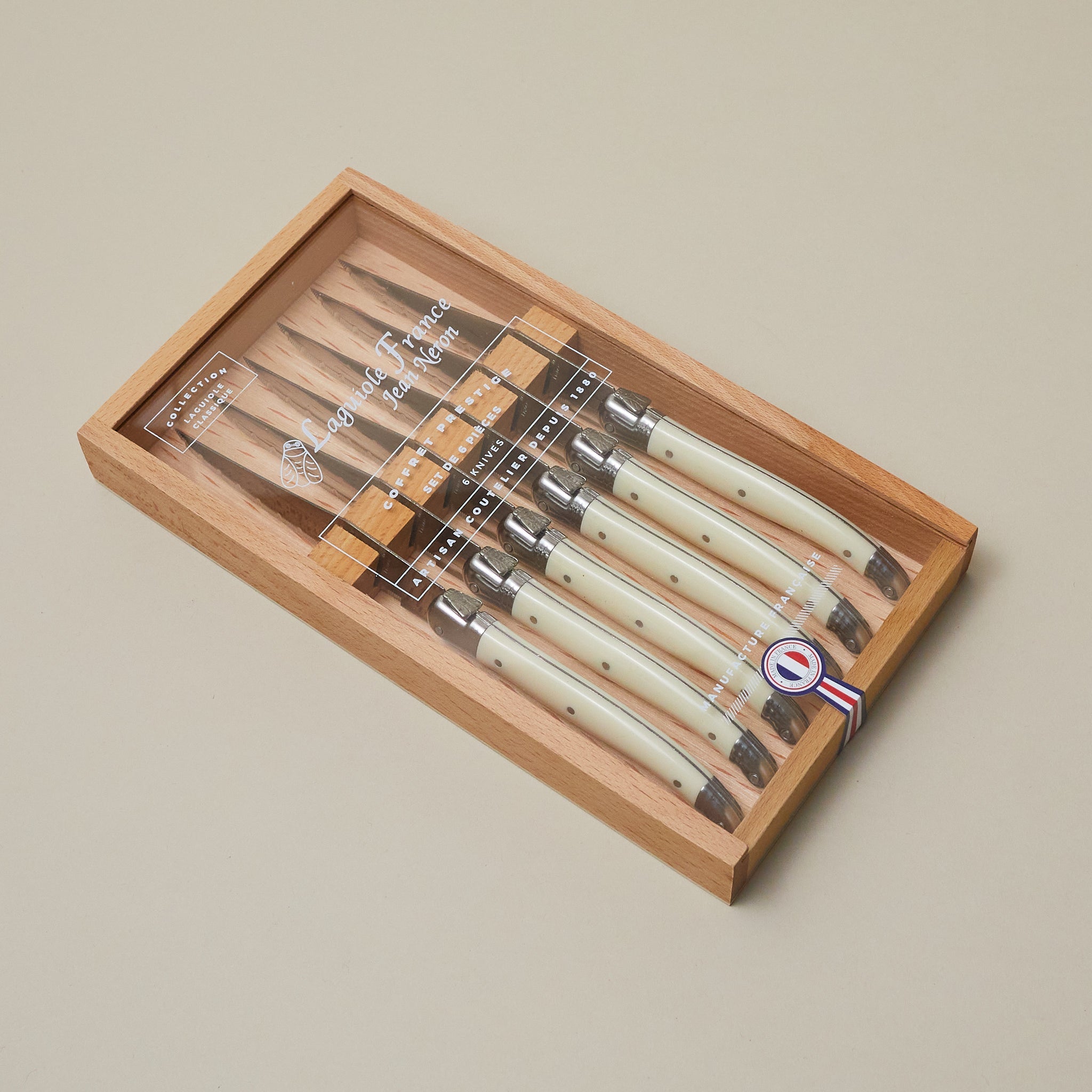 Laguiole 6 Piece Steak Knife Set, Ivory in Wood Box with Acrylic Lid