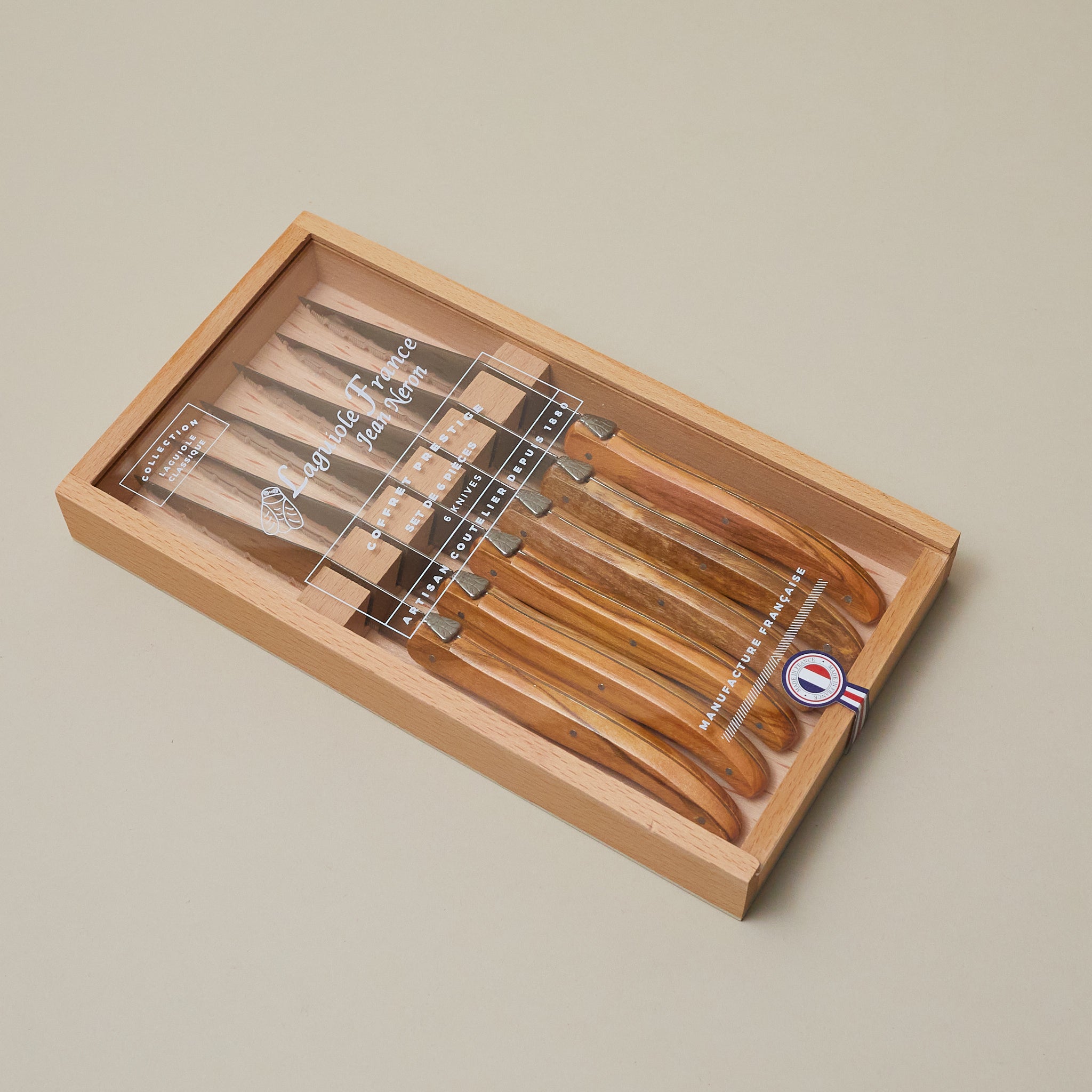 Laguiole 6 Piece Steak Knife Set, Olivewood in Wood Box with Acrylic Lid