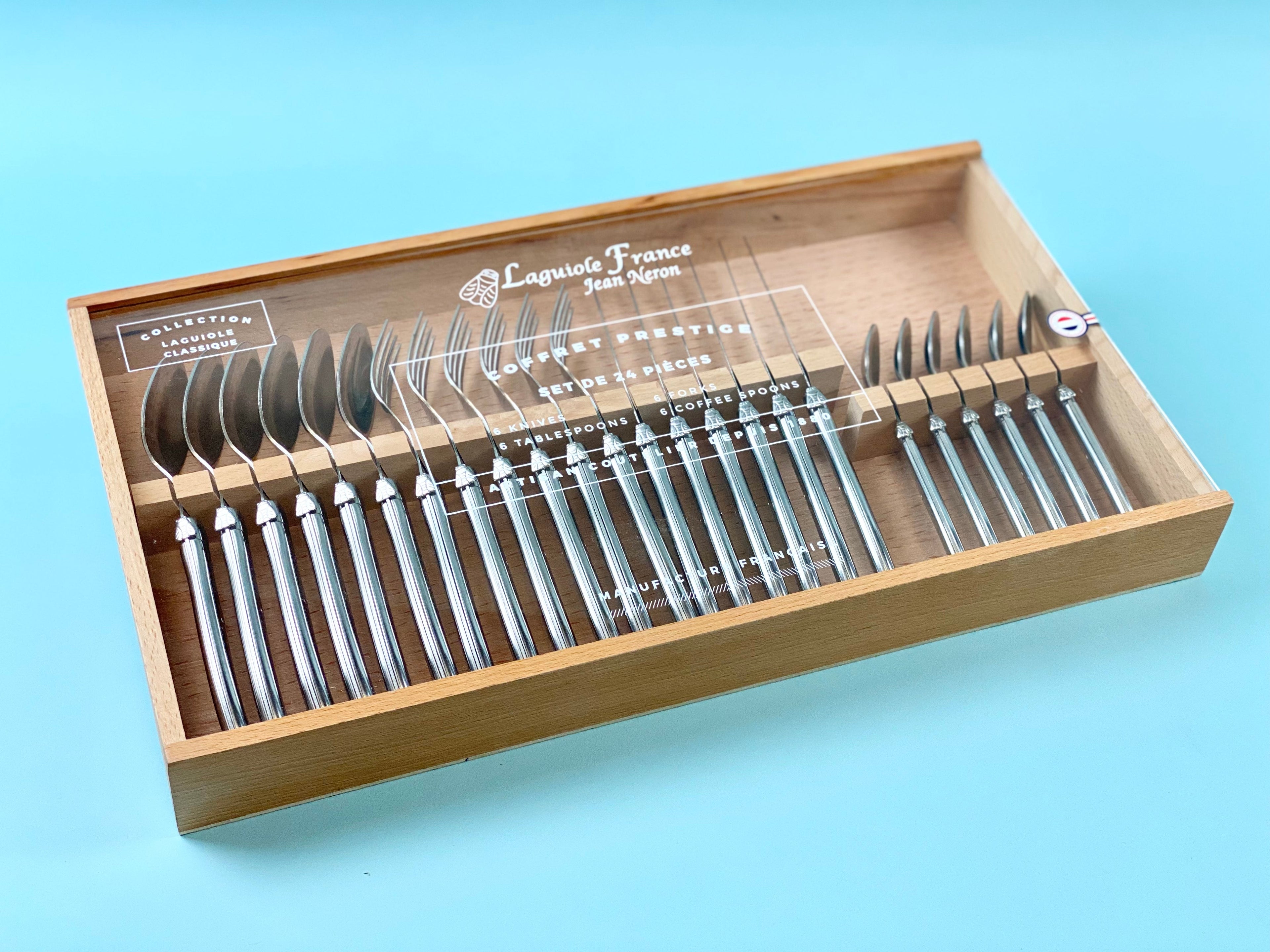 Laguiole Stainless Steel Flatware in Wooden Box with Acrylic Lid (Set of 24) Cutlery Set Laguiole Brand_Laguiole Flatware Sets Kitchen_Dinnerware Laguiole 790054000SSAL