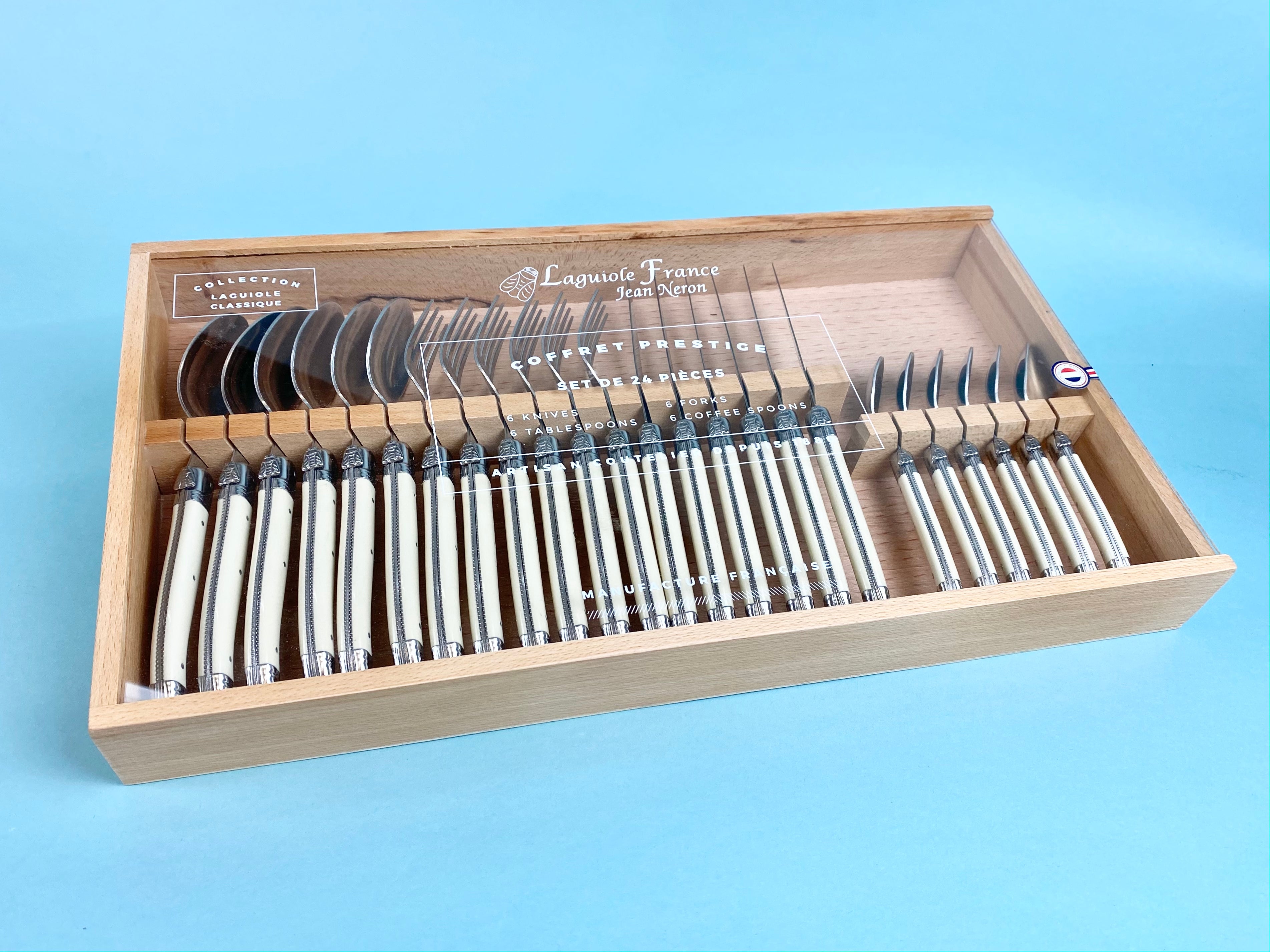 Laguiole 24 Piece Flatware Set, Ivory in Wood Box with Acrylic Lid