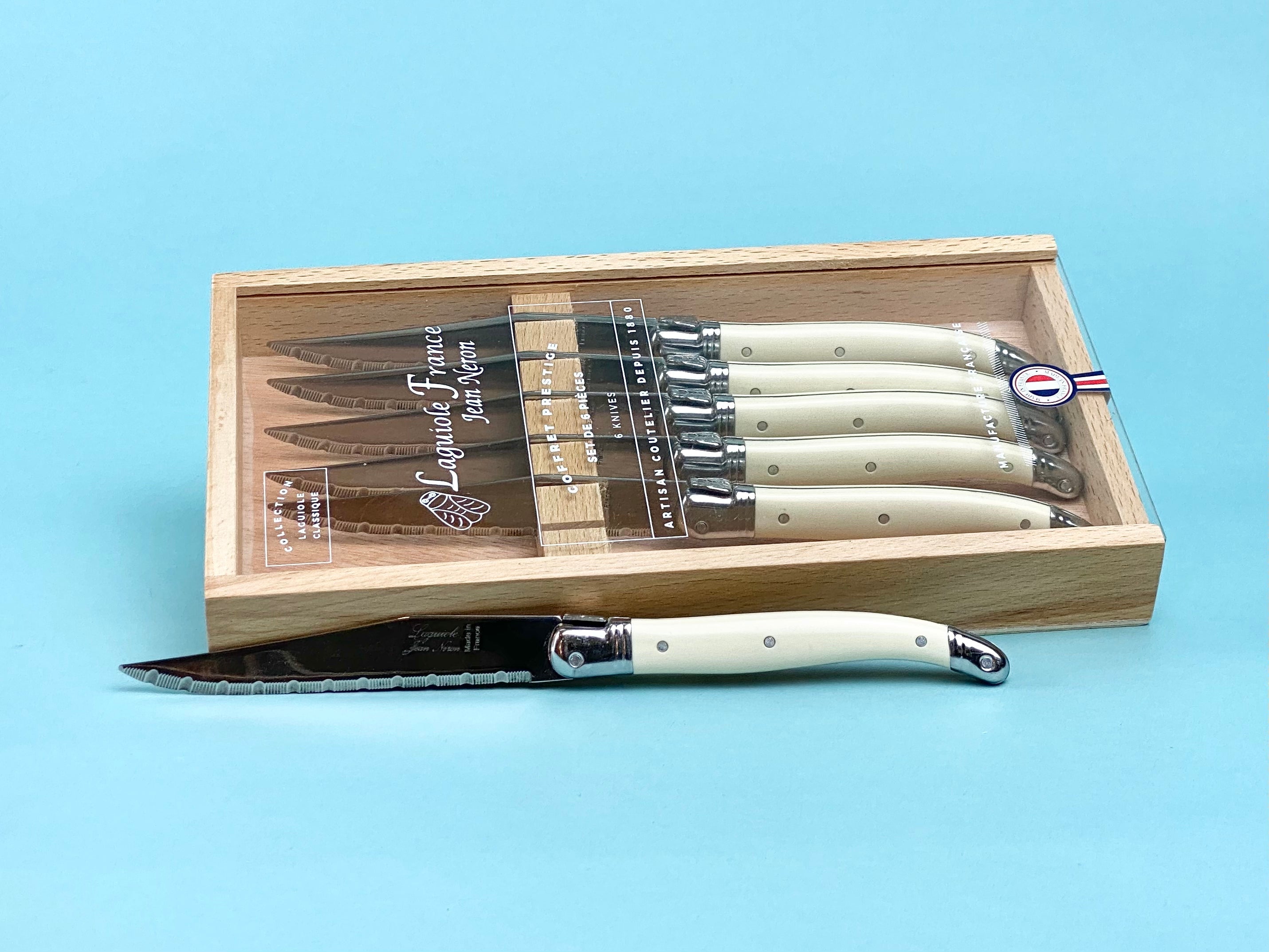 Laguiole 6 Piece Steak Knife Set, Ivory in Wood Box with Acrylic Lid